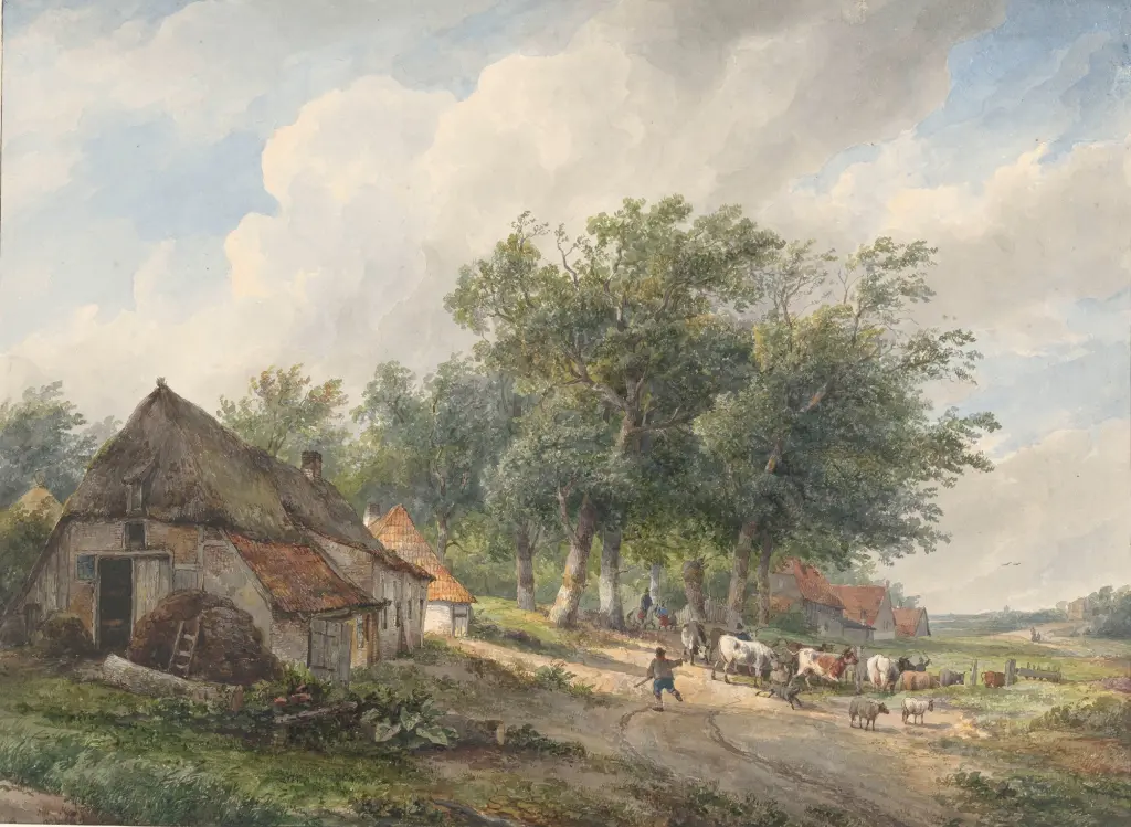 Wijnand Nuijen - Landschap met boerderijen en vee  (1829)